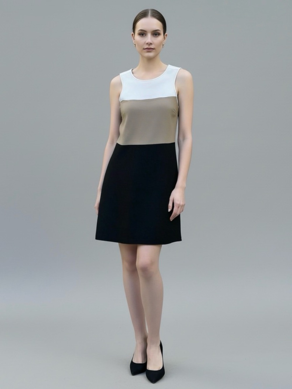 Michael Kors Size 6 White, Beige, Black Color Block Flare Dress Career Cocktail